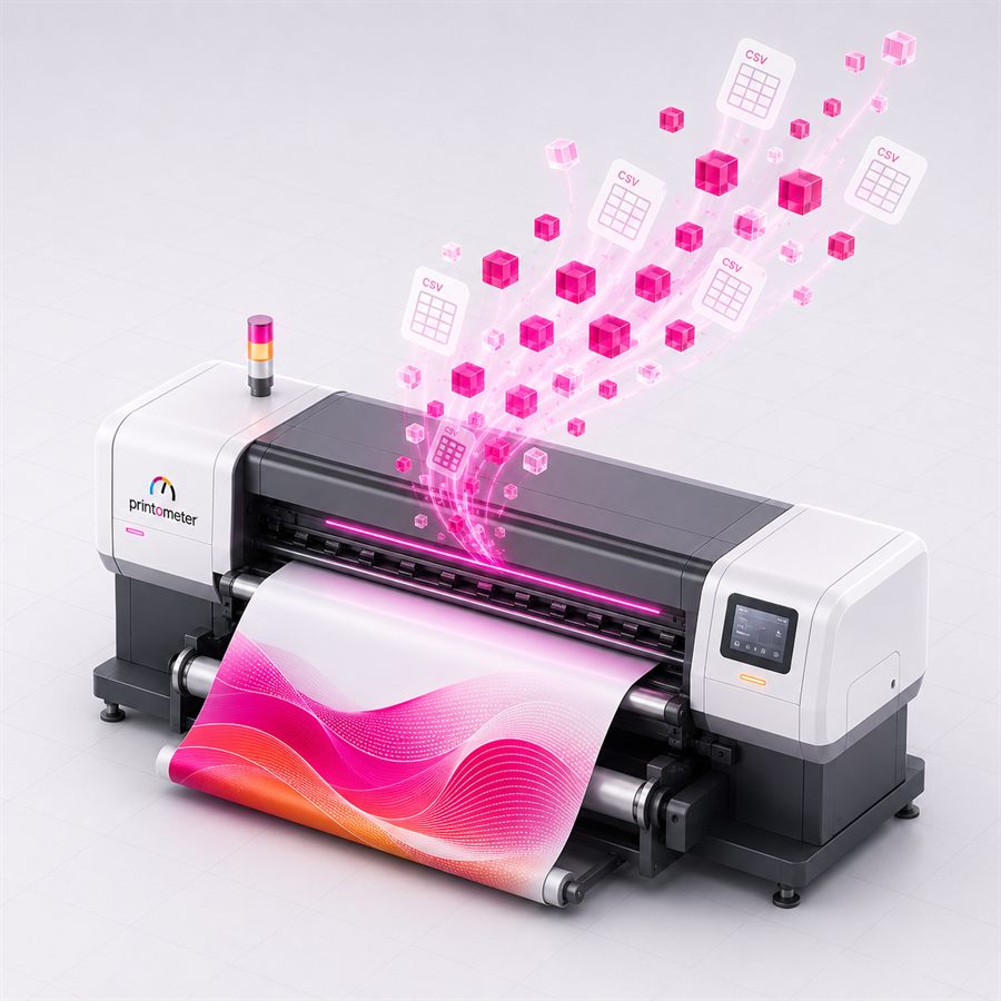 Großformatdrucker, dessen Verbrauchsdaten als CSV-Dateien in Printometer fließen